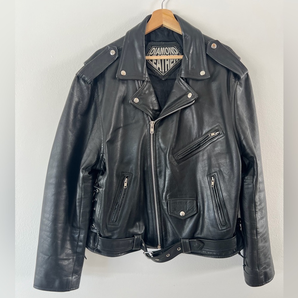 Diamond Leathers Vintage Black‎ Full Zip Biker Moto Jacket Size 48